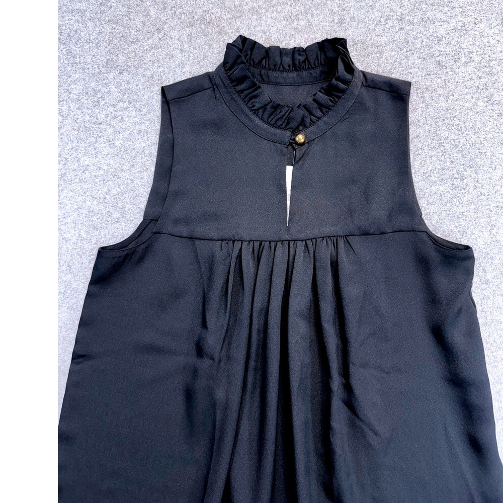Ann Taylor Ruffle Neck Blouse Women XS Black Sleeveless Keyhole Shell NWT Office - Picture 2 of 7